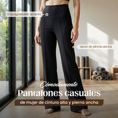 Pantalones casuales de mujer de cintura alta y pierna ancha - Tejido Elástico Cómodo + Bolsillos Prácticos - Ideal para Trabajo, Paseos y Casa! ✨