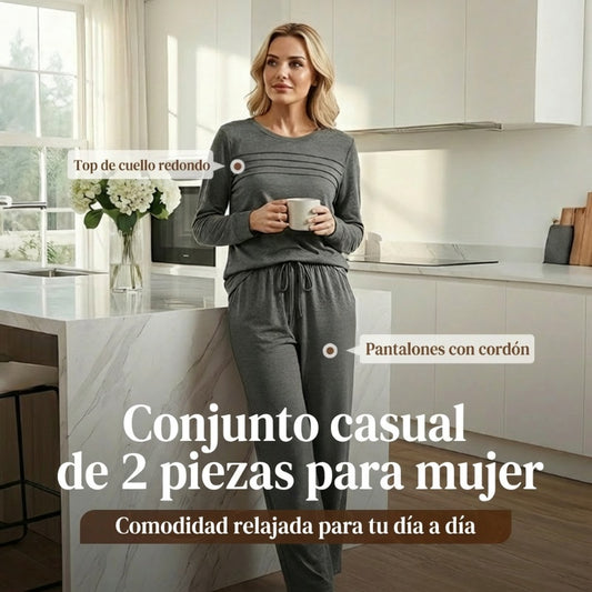 🔥¡ÚLTIMO DÍA CON 60% DE DESCUENTO!💓 Conjunto de Top Cuello Redondo y Pantalón con Cordón para Mujer