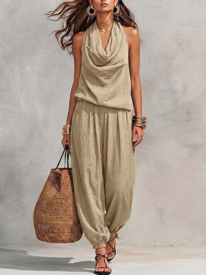 🎁New Arrivals 49% OFF💥 Sleeveless Cowl Neck Jumpsuit – Halter, Wide-Leg, Elegant 🍷