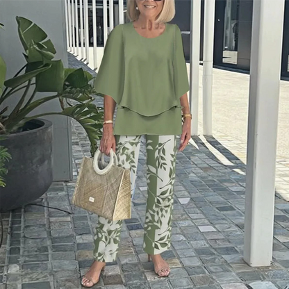 💃✨Conjunto de dos piezas para mujer: Pantalón estampado & top con escote redondo.