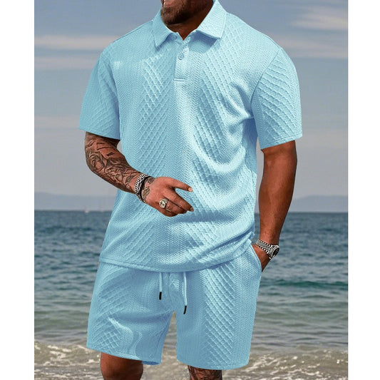 Conjunto de 2 piezas para hombre: Jacquard transpirable, cuello polo, shorts con cordón – Verano casual