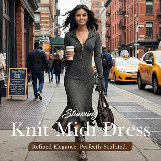 👗✨ Vestido Midi para Mujer con Manga Trompeta y Cuello con Cremallera – Estilo Retro Elegante