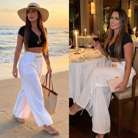 Pantalones femeninos de cintura ancha de cintura alta con acentos en cinturón