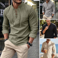 🔥Oferta Limitada🔥 Camisa Hombre Mezcla Algodón – Cuello Mao con Cordón, Transpirable, Puños Abotonados, Estilo Hippie Playa