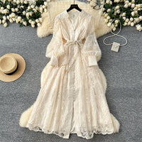 🌷 Vestido Largo Francés con Bordados – Escote en V, Entallado, Mangas Largas Globos | Colección Primavera