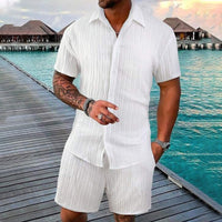 👕 Conjunto de Playa para Hombre 2 en 1 – Camisa Manga Corta Holgada, Pantalones Cortos, Textura Ribeteada, Transpirable, Versátil, Tallas S-2XL