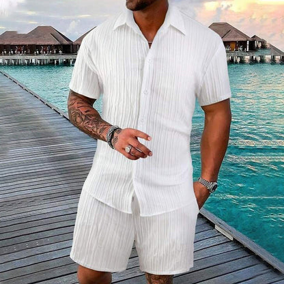 👕 Conjunto de Playa para Hombre 2 en 1 – Camisa Manga Corta Holgada, Pantalones Cortos, Textura Ribeteada, Transpirable, Versátil, Tallas S-2XL