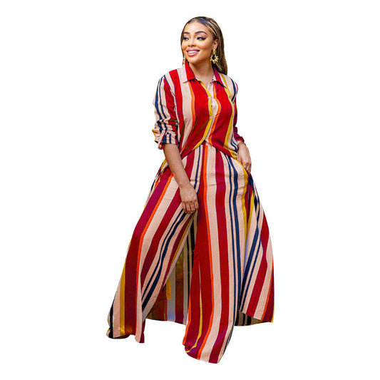 Conjunto de 2 piezas para mujer: Maxi blusa a rayas de manga larga y pantalón