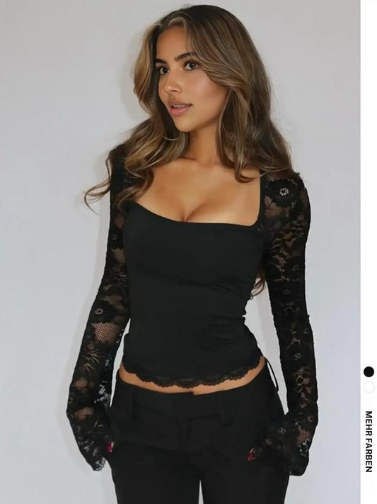 Camiseta de mujer de color liso con encaje floral, volantes partidos y mangas transparentes