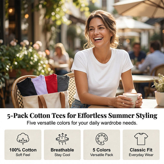 👕 ¡50% DE DESCUENTO AHORA! 🌈 Pack de 5 camiseta versátil de color liso – algodón suave, transpirable y perfecta para el día✨ a día