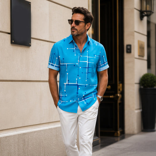 ☀️👔 50% OFF! Men’s Geometric Print Relaxed-Fit Button-Down Shirt – Soft Summer Feel, Roomy Comfort & Vacation-Ready Style ✨