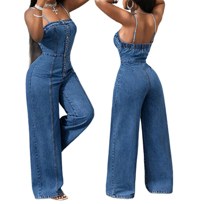 🎉 2026 Sale — Over 35 600 Sold!👖 Women Spaghetti Strap Wide Leg Denim Jumpsuit