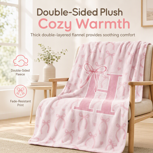 Double Layer Thickened Flannel Throw Blanket with Cute Cartoon Bowknot Letter Print Soft Double Sided Air Conditioning Blanket