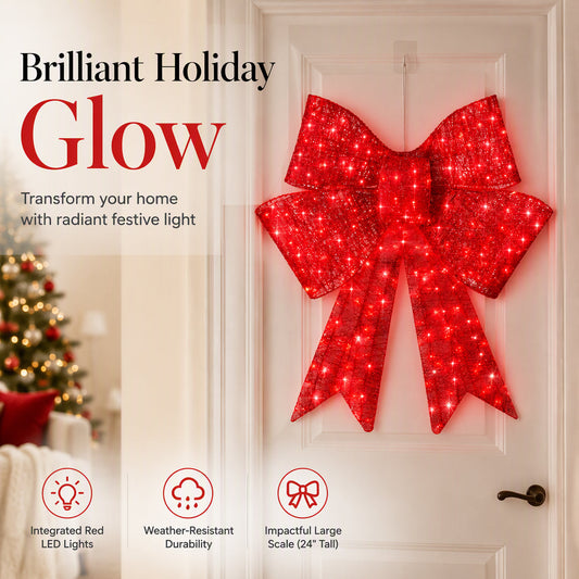 🎄Xmas Sale - 50% OFF❤️ 24-Inch Pre-Lit LED Christmas Bow – Weatherproof Red Outdoor & Indoor Festive Decoration