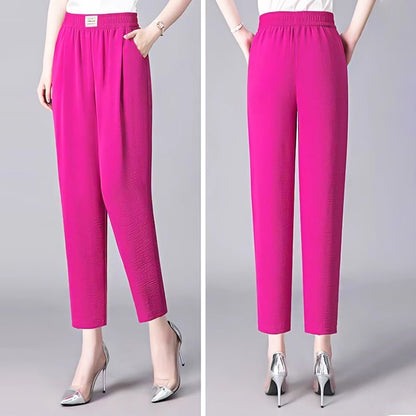 Pantalones de cintura alta elásticos y sólidos para mujer